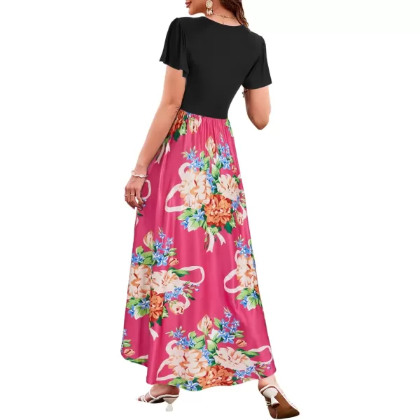 KILIG Women's V Neck Sleeveless Casual Summer Sundresses Asymmetrical Patchwork Floral Maxi Dresses