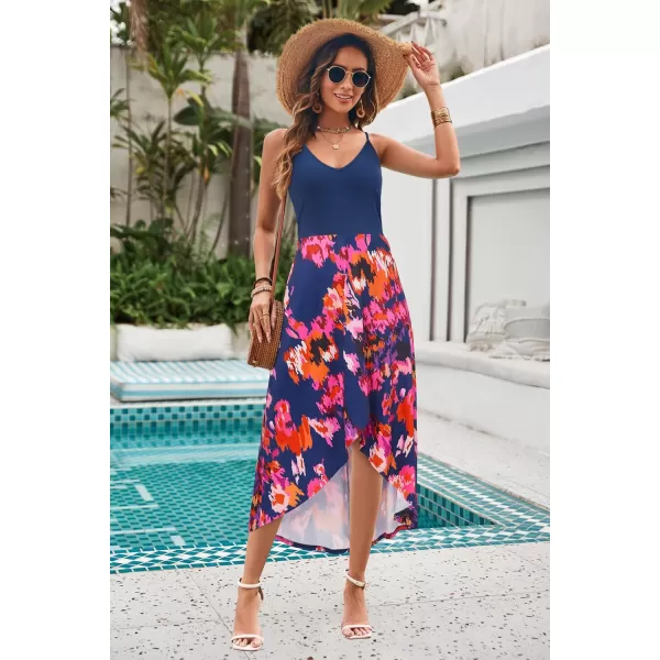 KILIG Women's V Neck Sleeveless Casual Summer Sundresses Asymmetrical Patchwork Floral Maxi Dresses