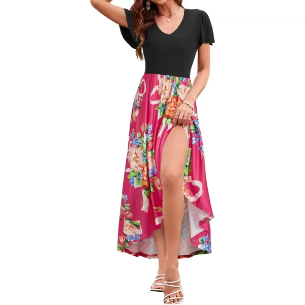 KILIG Women's V Neck Sleeveless Casual Summer Sundresses Asymmetrical Patchwork Floral Maxi Dresses