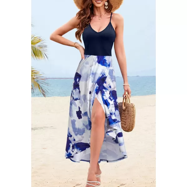 KILIG Women's V Neck Sleeveless Casual Summer Sundresses Asymmetrical Patchwork Floral Maxi Dresses