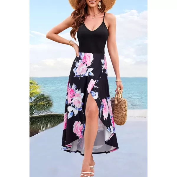 KILIG Women's V Neck Sleeveless Casual Summer Sundresses Asymmetrical Patchwork Floral Maxi Dresses