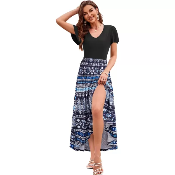 KILIG Women's V Neck Sleeveless Casual Summer Sundresses Asymmetrical Patchwork Floral Maxi Dresses