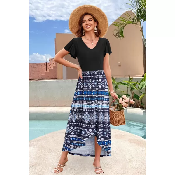 KILIG Women's V Neck Sleeveless Casual Summer Sundresses Asymmetrical Patchwork Floral Maxi Dresses