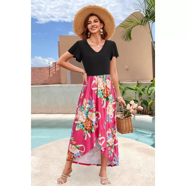 KILIG Women's V Neck Sleeveless Casual Summer Sundresses Asymmetrical Patchwork Floral Maxi Dresses