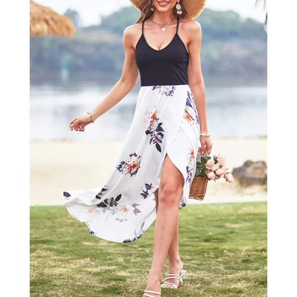 KILIG Women's V Neck Sleeveless Casual Summer Sundresses Asymmetrical Patchwork Floral Maxi Dresses