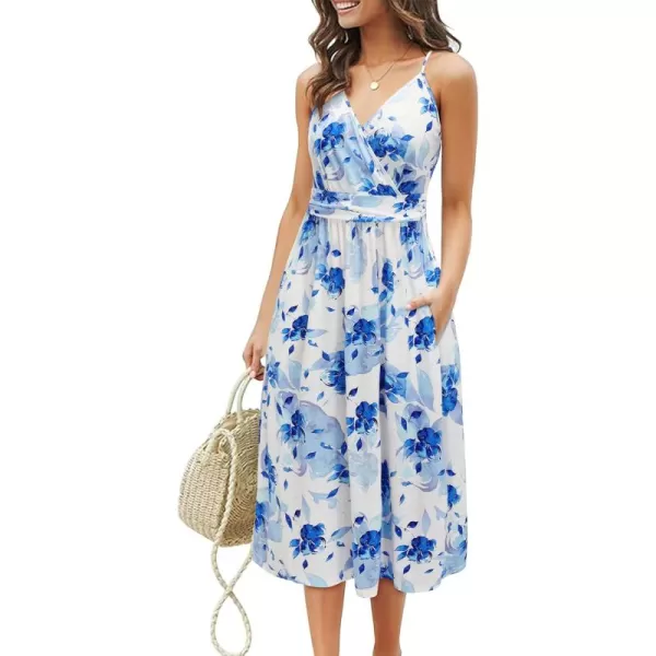 KILIG Women Summer Casual Spaghetti Strap Dresses V Neck Wrap Midi Swing Sundress with Pockets