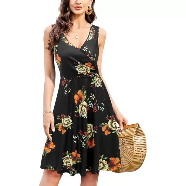 KILIG Women's Casual V Neck Floral Sundresses Aline Sleeveless Midi Summer Dress with Pocket