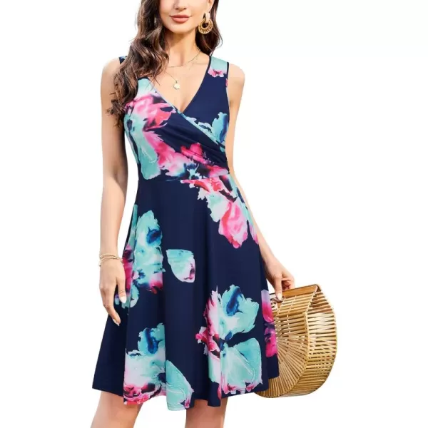KILIG Women's Casual V Neck Floral Sundresses Aline Sleeveless Midi Summer Dress with Pocket