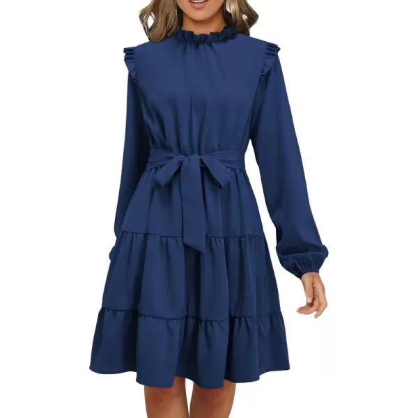 KILIG Women's Long Sleeve Ruffle Mock Neck Casual Short Mini Swing Dress with Belt
