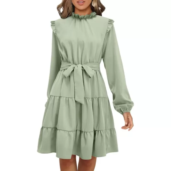 KILIG Women's Long Sleeve Ruffle Mock Neck Casual Short Mini Swing Dress with Belt