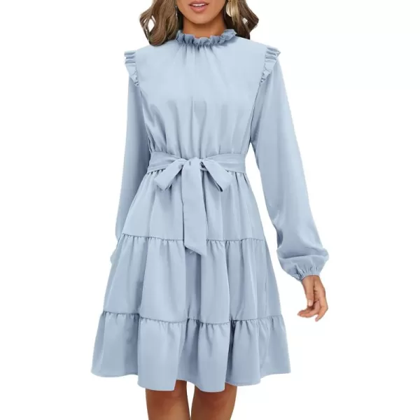 KILIG Women's Long Sleeve Ruffle Mock Neck Casual Short Mini Swing Dress with Belt