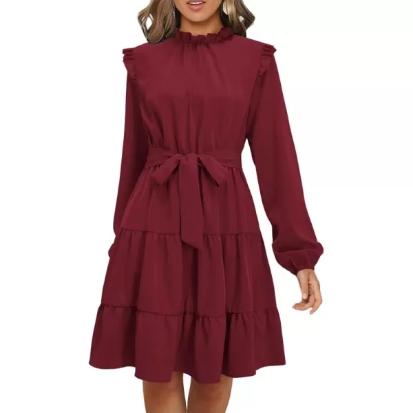 KILIG Women's Long Sleeve Ruffle Mock Neck Casual Short Mini Swing Dress with Belt
