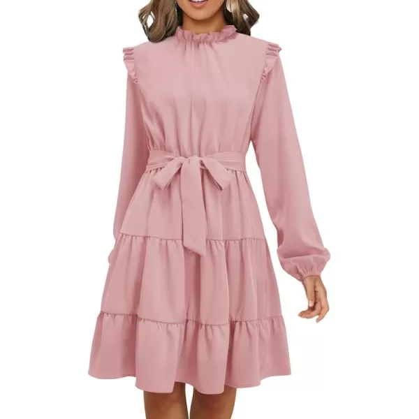 KILIG Women's Long Sleeve Ruffle Mock Neck Casual Short Mini Swing Dress with Belt