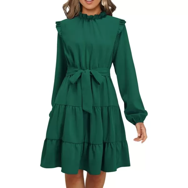 KILIG Women's Long Sleeve Ruffle Mock Neck Casual Short Mini Swing Dress with Belt