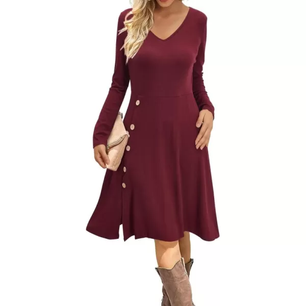 KILIG Womens Long Sleeve Winter Dress Casual Knee Length V Neck Ribbed Fall Dresses