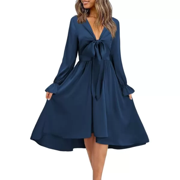 KILIG Women's Satin Sexy V Neck Tie Front Long Sleeve Winter Flowy A-Line Midi Cocktail Dresses for Party Wedding Guest 2022