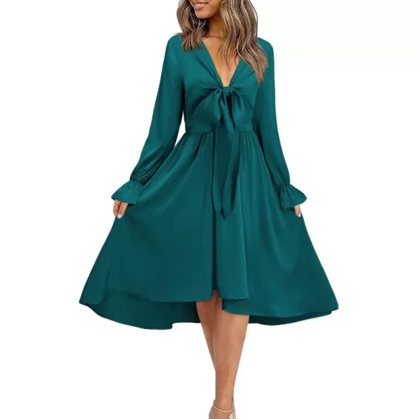 KILIG Women's Satin Sexy V Neck Tie Front Long Sleeve Winter Flowy A-Line Midi Cocktail Dresses for Party Wedding Guest 2022