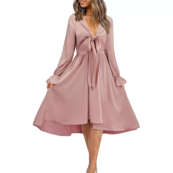 KILIG Women's Satin Sexy V Neck Tie Front Long Sleeve Winter Flowy A-Line Midi Cocktail Dresses for Party Wedding Guest 2022