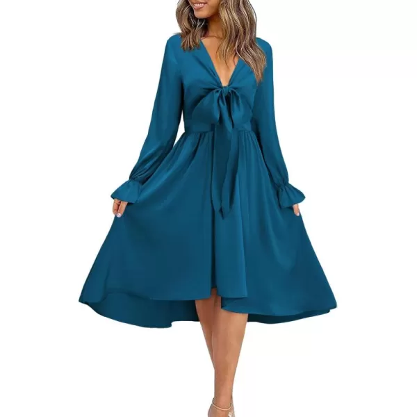 KILIG Women's Satin Sexy V Neck Tie Front Long Sleeve Winter Flowy A-Line Midi Cocktail Dresses for Party Wedding Guest 2022
