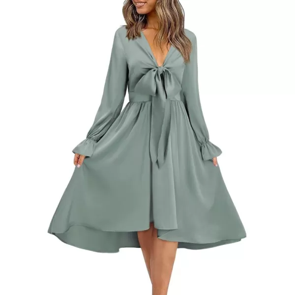 KILIG Women's Satin Sexy V Neck Tie Front Long Sleeve Winter Flowy A-Line Midi Cocktail Dresses for Party Wedding Guest 2022