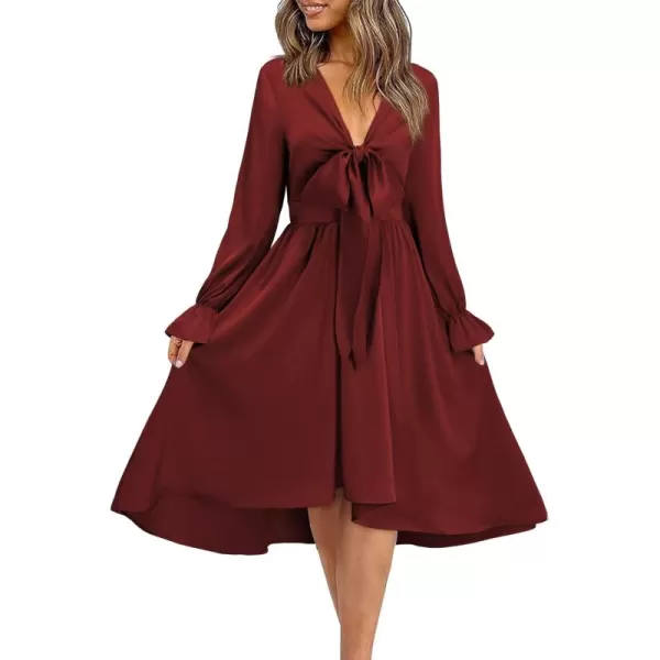 KILIG Women's Satin Sexy V Neck Tie Front Long Sleeve Winter Flowy A-Line Midi Cocktail Dresses for Party Wedding Guest 2022