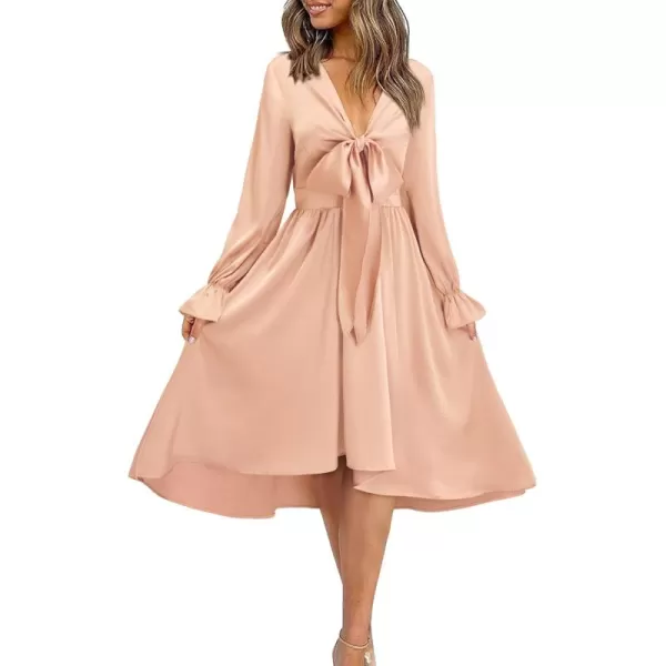 KILIG Women's Satin Sexy V Neck Tie Front Long Sleeve Winter Flowy A-Line Midi Cocktail Dresses for Party Wedding Guest 2022