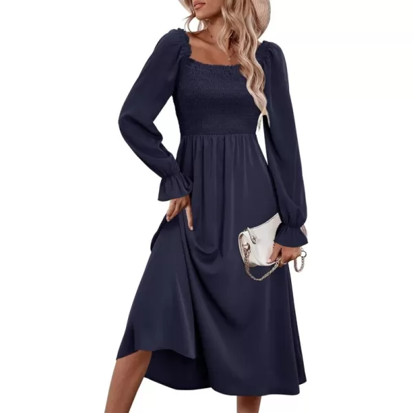 KILIG Womens Square Neck Long Sleeve Winter Dresses Tie Back Smocked Casual Midi Fall Dress 2022