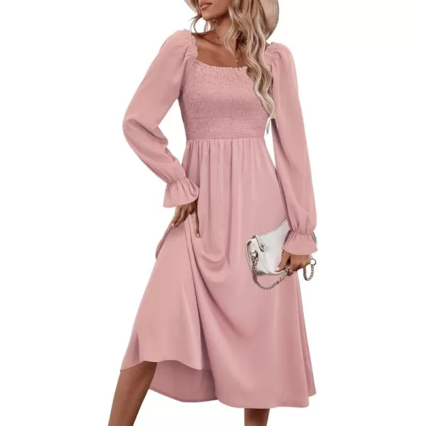 KILIG Womens Square Neck Long Sleeve Winter Dresses Tie Back Smocked Casual Midi Fall Dress 2022