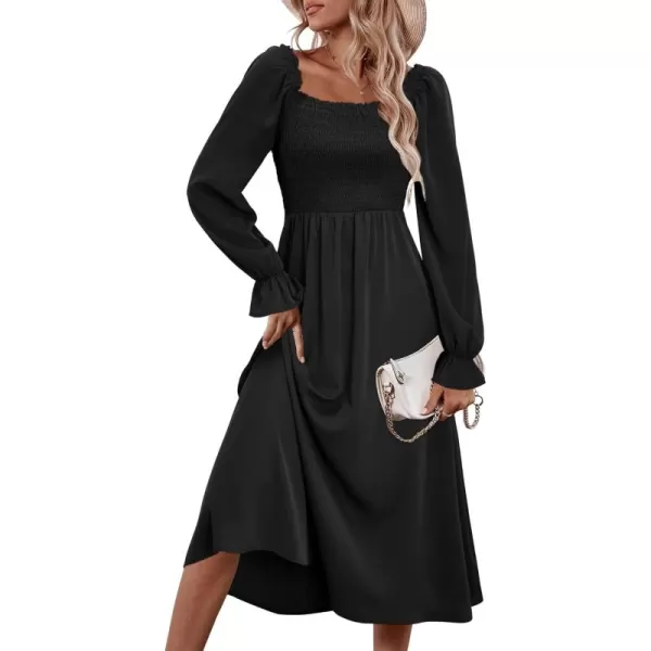 KILIG Womens Square Neck Long Sleeve Winter Dresses Tie Back Smocked Casual Midi Fall Dress 2022