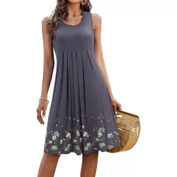 KILIG Womens Summer Dresses Floral Print Casual Soft Pleated Sleeveless Crewneck Tank Sundress Midi for Boho Beach 2024