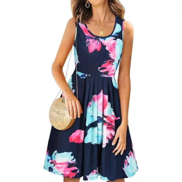 KILIG Womens Summer Dresses Floral Print Casual Soft Pleated Sleeveless Crewneck Tank Sundress Midi for Boho Beach 2024
