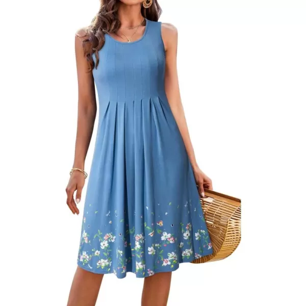 KILIG Womens Summer Dresses Floral Print Casual Soft Pleated Sleeveless Crewneck Tank Sundress Midi for Boho Beach 2024