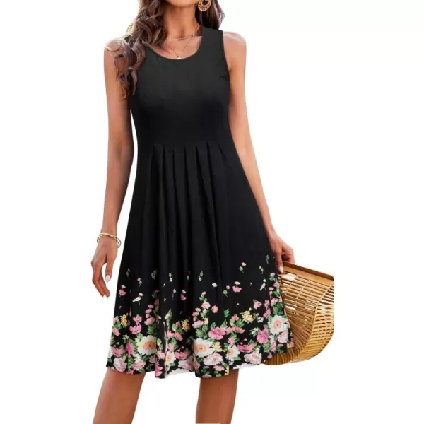 KILIG Womens Summer Dresses Floral Print Casual Soft Pleated Sleeveless Crewneck Tank Sundress Midi for Boho Beach 2024