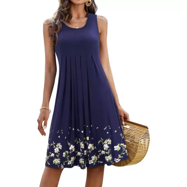 KILIG Womens Summer Dresses Floral Print Casual Soft Pleated Sleeveless Crewneck Tank Sundress Midi for Boho Beach 2024