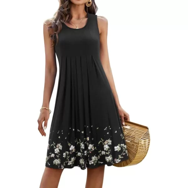 KILIG Womens Summer Dresses Floral Print Casual Soft Pleated Sleeveless Crewneck Tank Sundress Midi for Boho Beach 2024