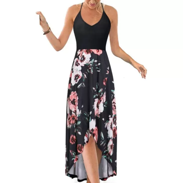 KILIG Women's V Neck Sleeveless Casual Summer Sundresses Asymmetrical Patchwork Floral Maxi Dresses