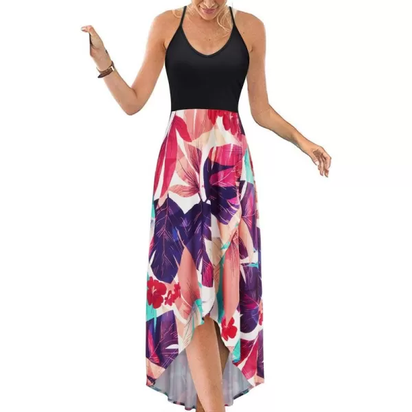 KILIG Women's V Neck Sleeveless Casual Summer Sundresses Asymmetrical Patchwork Floral Maxi Dresses