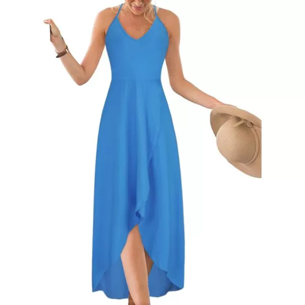 KILIG Women's V Neck Sleeveless Casual Summer Sundresses Asymmetrical Patchwork Floral Maxi Dresses