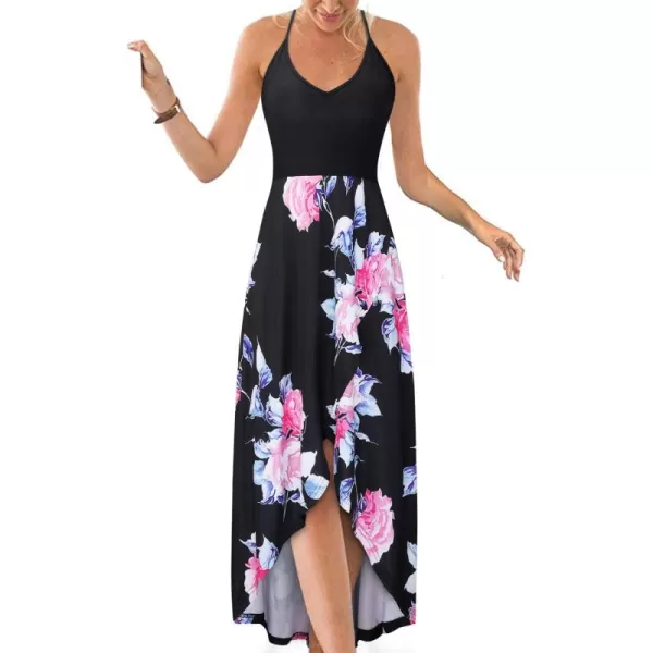 KILIG Women's V Neck Sleeveless Casual Summer Sundresses Asymmetrical Patchwork Floral Maxi Dresses
