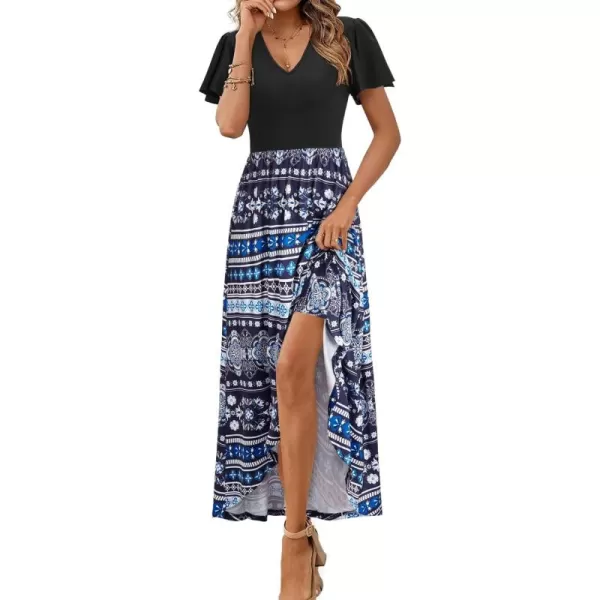 KILIG Women's V Neck Sleeveless Casual Summer Sundresses Asymmetrical Patchwork Floral Maxi Dresses