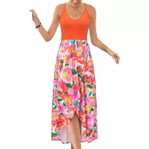 KILIG Women's V Neck Sleeveless Casual Summer Sundresses Asymmetrical Patchwork Floral Maxi Dresses