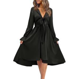 imageKILIG Womens Silky Satin Long Sleeve Tie Front Flowy Formal Wedding Guest Cocktail Party Evening DressesA1black