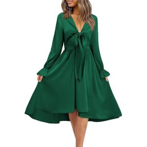 imageKILIG Womens Silky Satin Long Sleeve Tie Front Flowy Formal Wedding Guest Cocktail Party Evening DressesA1green