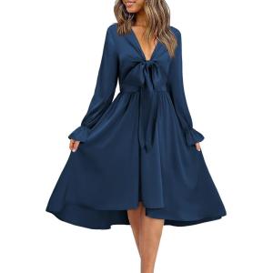 imageKILIG Womens Silky Satin Long Sleeve Tie Front Flowy Formal Wedding Guest Cocktail Party Evening DressesA1navy