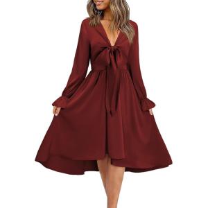 imageKILIG Womens Silky Satin Long Sleeve Tie Front Flowy Formal Wedding Guest Cocktail Party Evening DressesA1wine