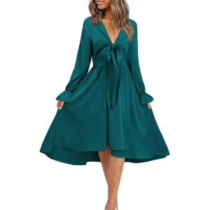 imageKILIG Womens Silky Satin Long Sleeve Tie Front Flowy Formal Wedding Guest Cocktail Party Evening DressesBlue