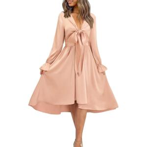 imageKILIG Womens Silky Satin Long Sleeve Tie Front Flowy Formal Wedding Guest Cocktail Party Evening DressesPink01