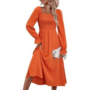 imageKILIG Womens Square Neck One Shoulder Long Sleeve Dress Smocked Belted Formal Fall Dresses 2025