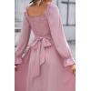 imageKILIG Womens Square Neck One Shoulder Long Sleeve Dress Smocked Belted Formal Fall Dresses 2025Pink