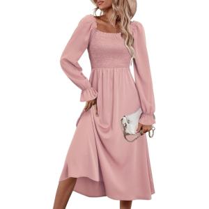 imageKILIG Womens Square Neck One Shoulder Long Sleeve Dress Smocked Belted Formal Fall Dresses 2025Pink
